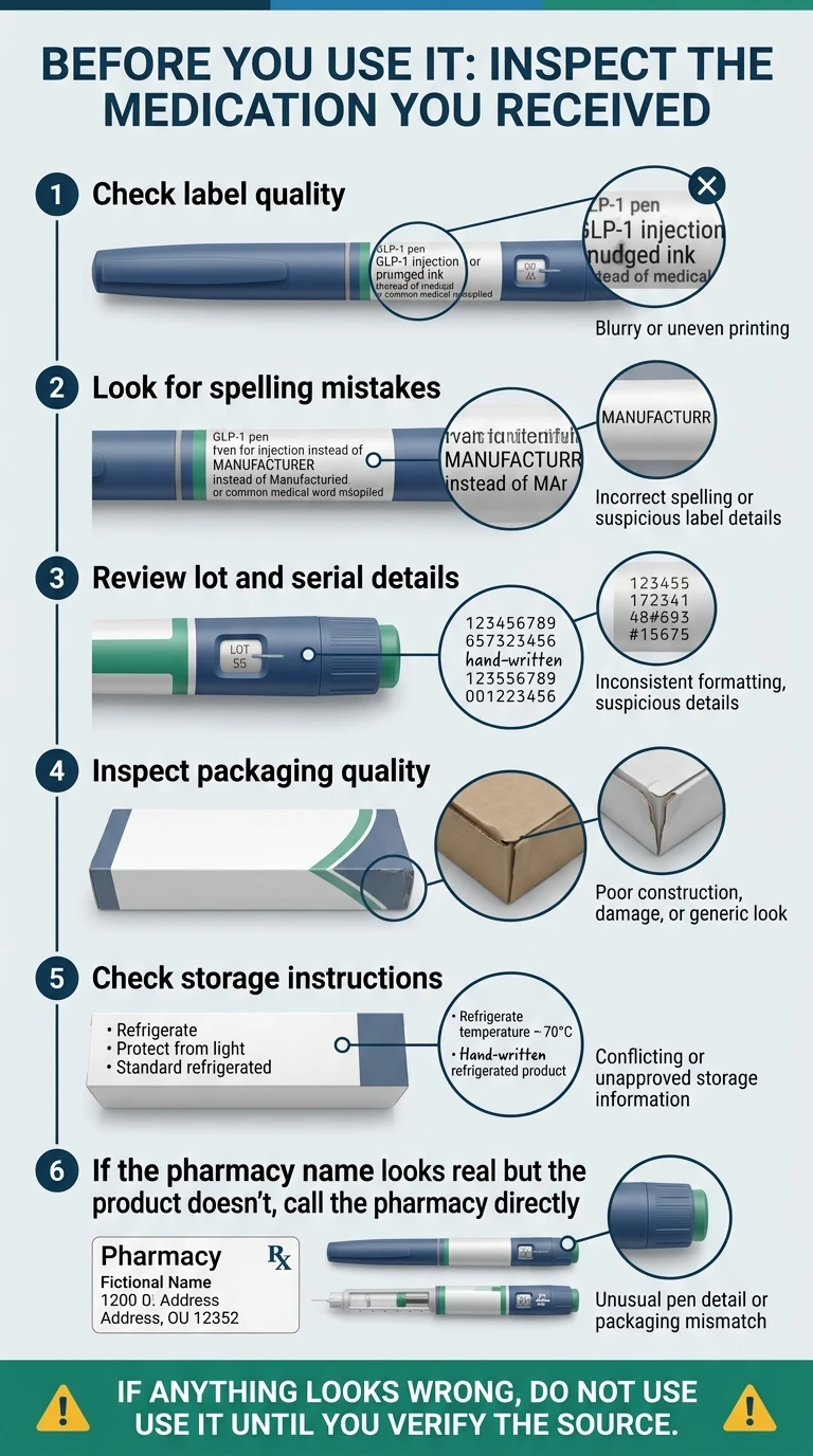 Before you use it — inspect the medication you received: 1) Check label quality for blurry or uneven printing, 2) Look for spelling mistakes and suspicious label details, 3) Review lot and serial details for inconsistent formatting, 4) Inspect packaging quality for poor construction, 5) Check storage instructions for conflicting information, 6) If the pharmacy name looks real but the product doesn't, call the pharmacy directly. If anything looks wrong, do not use it until you verify the source.