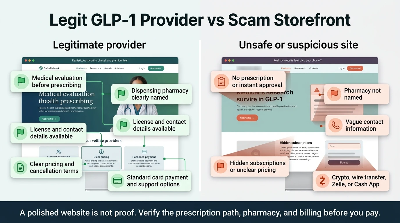 Legit GLP-1 provider vs scam storefront comparison: Legitimate provider shows medical evaluation before prescribing, dispensing pharmacy clearly named, license and contact details, clear pricing, and standard card payment. Scam storefront shows no prescription or instant approval, pharmacy not named, vague contact, hidden subscriptions or unclear pricing, and crypto/wire/Zelle/Cash App payment requests.