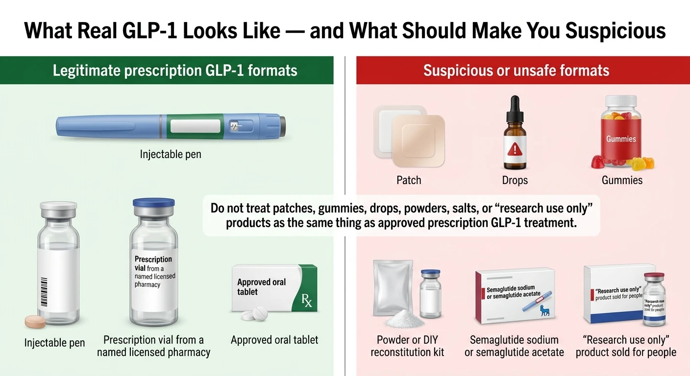 What real GLP-1 looks like vs what should make you suspicious: Legitimate prescription GLP-1 formats include injectable pen, prescription vial from a named licensed pharmacy, and approved oral tablet. Suspicious or unsafe formats include patch, drops, gummies, powder or DIY reconstitution kit, semaglutide sodium or acetate, and 'research use only' products sold for people.