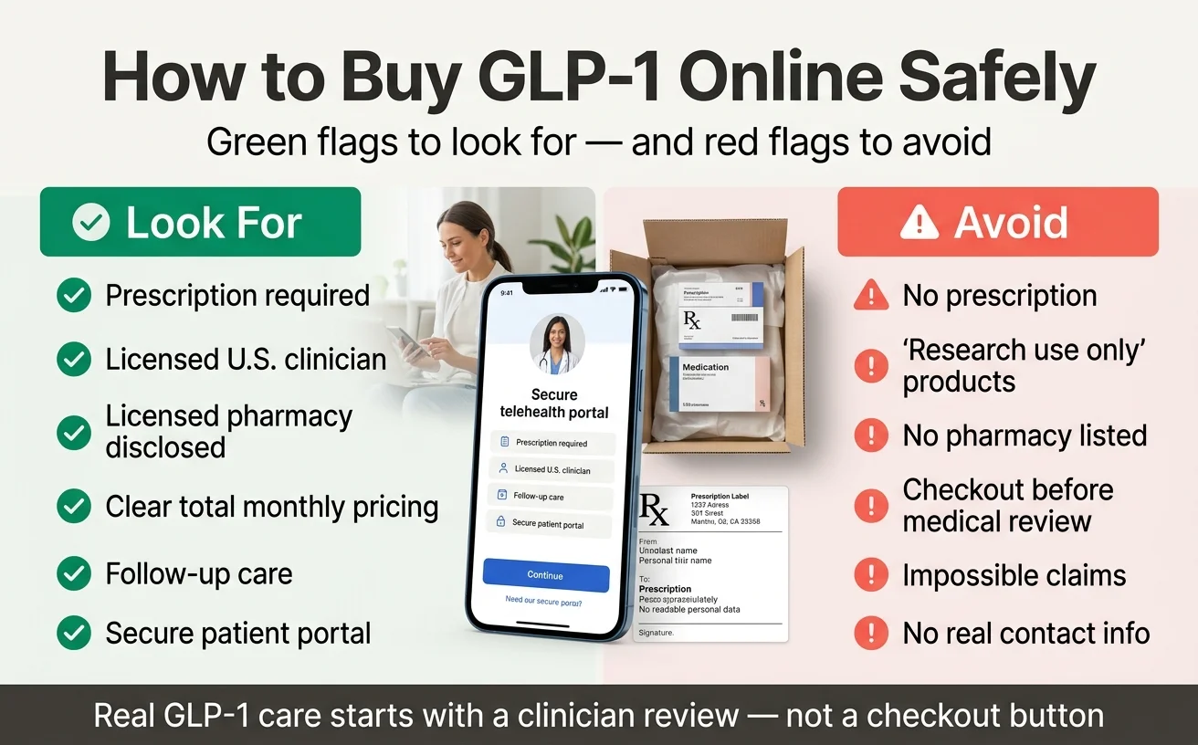 Infographic showing green flags to look for when buying GLP-1 online including prescription required and licensed clinician, versus red flags to avoid like no prescription and no pharmacy listed