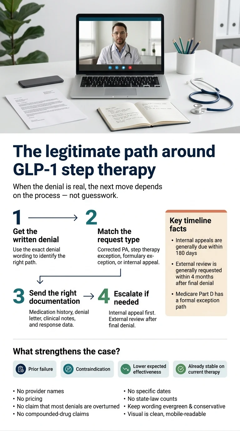 The legitimate path around GLP-1 step therapy: 4 steps. 1. Get the written denial - use the exact denial wording to identify the right path. 2. Match the request type - corrected PA, step therapy exception, formulary exception, or internal appeal. 3. Send the right documentation - medication history, denial letter, clinical notes, and response data. 4. Escalate if needed - internal appeal first, external review after final denial. Key timeline facts: internal appeals are generally due within 180 days, external review is generally requested within 4 months after final denial, Medicare Part D has a formal exception path. What strengthens the case: prior failure, contraindication, lower expected effectiveness, already stable on current therapy.