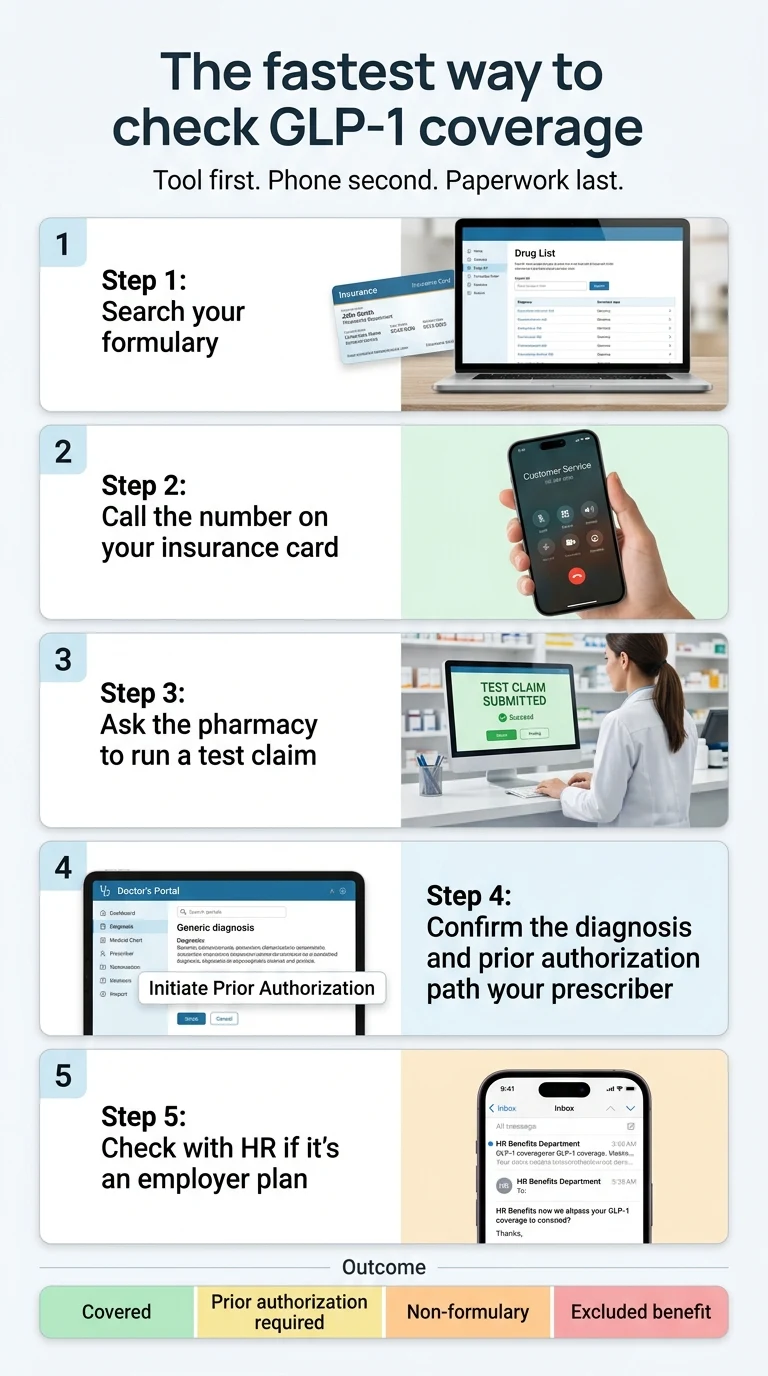 The fastest way to check GLP-1 coverage: 5 steps. Step 1: Search your formulary using your insurance card. Step 2: Call the number on your insurance card. Step 3: Ask the pharmacy to run a test claim. Step 4: Confirm the diagnosis and prior authorization path with your prescriber. Step 5: Check with HR if it's an employer plan. Outcome: Covered, Prior authorization required, Non-formulary, or Excluded benefit.