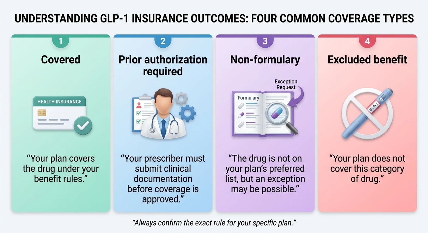 Understanding GLP-1 insurance outcomes: four common coverage types. 1. Covered: your plan covers the drug under your benefit rules. 2. Prior authorization required: your prescriber must submit clinical documentation before coverage is approved. 3. Non-formulary: the drug is not on your plan's preferred list, but an exception may be possible. 4. Excluded benefit: your plan does not cover this category of drug. Always confirm the exact rule for your specific plan.