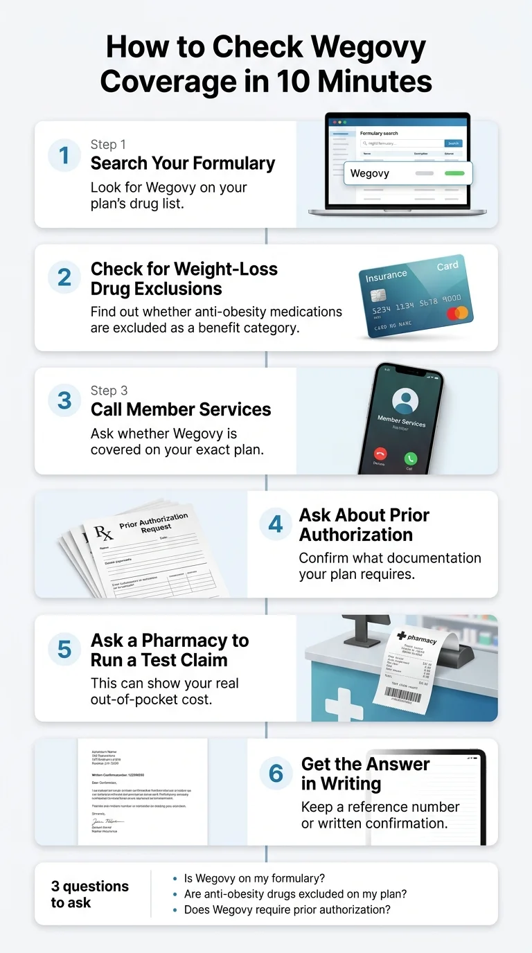 How to check Wegovy insurance coverage in 10 minutes: Step 1 search your formulary for Wegovy, Step 2 check for weight-loss drug exclusions in your benefits, Step 3 call member services, Step 4 ask about prior authorization requirements, Step 5 ask a pharmacy to run a test claim, Step 6 get the answer in writing — 3 questions to ask: Is Wegovy on my formulary? Are anti-obesity drugs excluded? Does Wegovy require prior authorization?