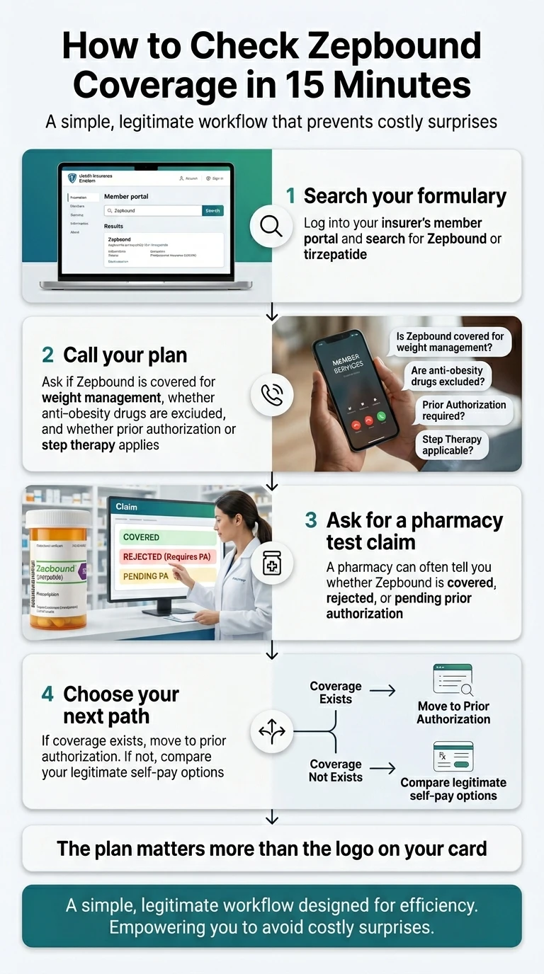 How to Check Zepbound Coverage in 15 Minutes infographic showing 4 steps. Step 1: Search your formulary — log into your insurer's member portal and search for Zepbound or tirzepatide. Step 2: Call your plan — ask if Zepbound is covered for weight management, whether anti-obesity drugs are excluded, and whether prior authorization or step therapy applies. Step 3: Ask for a pharmacy test claim — a pharmacy can often tell you whether Zepbound is covered, rejected, or pending prior authorization. Step 4: Choose your next path — if coverage exists, move to prior authorization; if coverage does not exist, compare legitimate self-pay options. Bottom: The plan matters more than the logo on your card.
