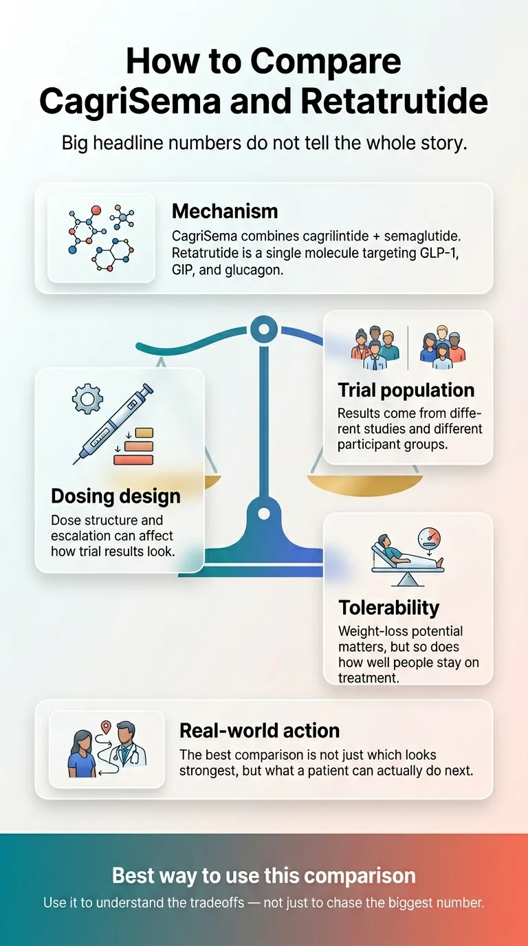 How to Compare CagriSema and Retatrutide: Big headline numbers do not tell the whole story. Four factors to weigh: (1) Mechanism — CagriSema combines cagrilintide + semaglutide; retatrutide targets GLP-1, GIP, and glucagon. (2) Trial population — results come from different studies and different participant groups. (3) Dosing design — dose structure and escalation can affect how trial results look. (4) Tolerability — weight-loss potential matters, but so does how well people stay on treatment. Best way to use this comparison: use it to understand the tradeoffs, not just to chase the biggest number.