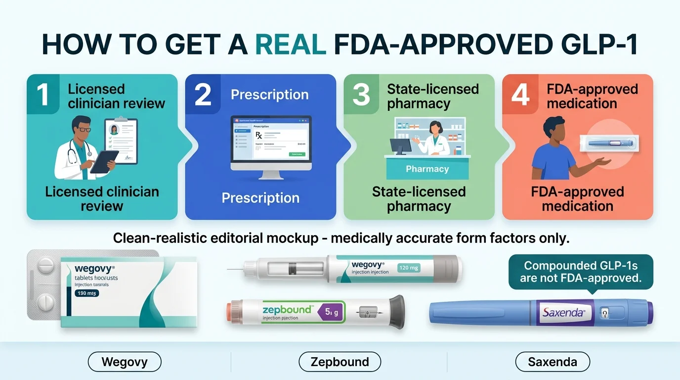 How to get a real FDA-approved GLP-1: 4-step process showing licensed clinician review, prescription, state-licensed pharmacy, and FDA-approved medication including Wegovy, Zepbound, and Saxenda