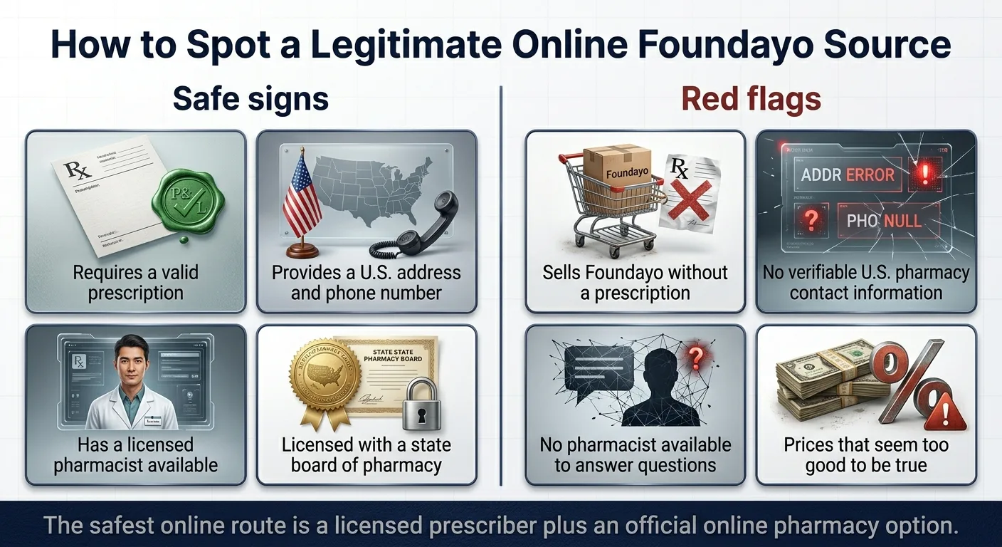 How to Spot a Legitimate Online Foundayo Source. Safe signs: requires a valid prescription, provides a U.S. address and phone number, has a licensed pharmacist available, licensed with a state board of pharmacy. Red flags: sells Foundayo without a prescription, no verifiable U.S. pharmacy contact information, no pharmacist available to answer questions, prices that seem too good to be true. The safest online route is a licensed prescriber plus an official online pharmacy option.