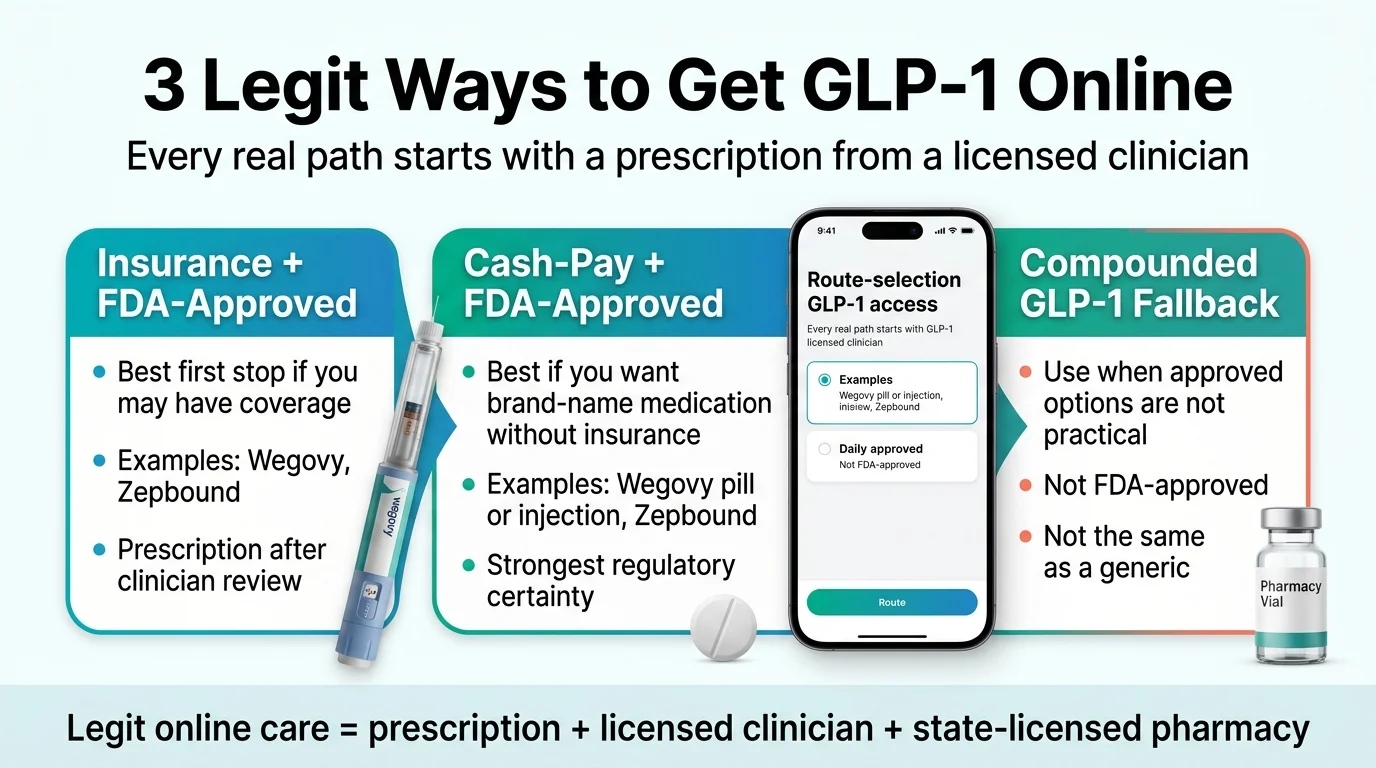 How to get GLP-1 online — infographic showing 3 legitimate paths: Insurance plus FDA-Approved (Wegovy, Zepbound), Cash-Pay plus FDA-Approved (strongest regulatory certainty), and Compounded GLP-1 Fallback (not FDA-approved, not the same as a generic). Every real path starts with a prescription from a licensed clinician.