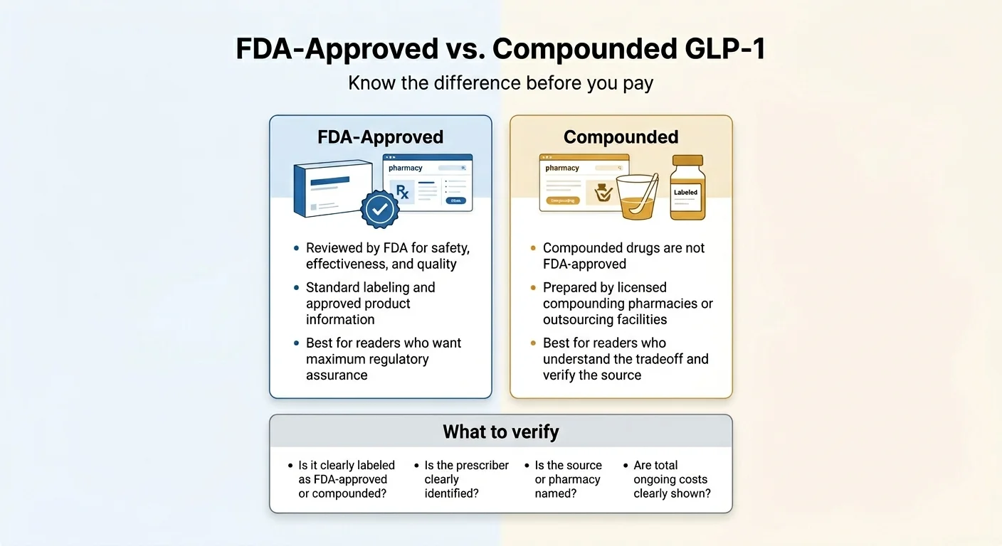 FDA-Approved vs Compounded GLP-1 — know the difference before you pay. FDA-Approved: reviewed by FDA for safety effectiveness and quality, standard labeling and approved product information, best for readers who want maximum regulatory assurance. Compounded: compounded drugs are not FDA-approved, prepared by licensed compounding pharmacies or outsourcing facilities, best for readers who understand the tradeoff and verify the source. What to verify: Is it clearly labeled as FDA-approved or compounded? Is the prescriber clearly identified? Is the source or pharmacy named? Are total ongoing costs clearly shown?
