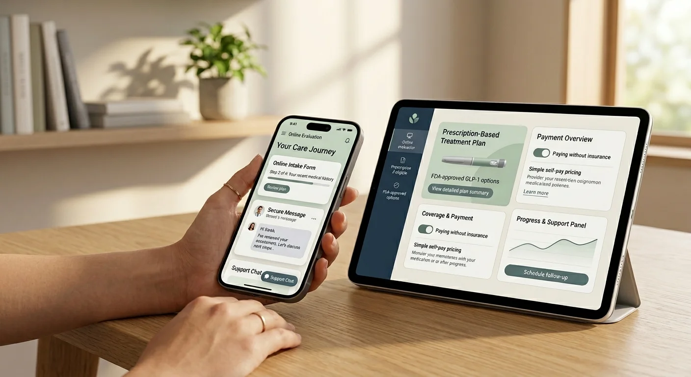 Your care journey for getting GLP-1 without insurance — phone showing online intake form and secure messaging with clinician, tablet showing prescription-based treatment plan with FDA-approved GLP-1 options, payment overview showing simple self-pay pricing, progress and support panel, and schedule follow-up button