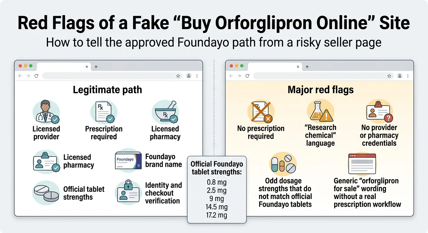 Red Flags of a Fake Buy Orforglipron Online Site — how to tell the approved Foundayo path from a risky seller page. Legitimate path (left, teal): Licensed provider, prescription required, licensed pharmacy, Foundayo brand name, official tablet strengths (0.8 mg / 2.5 mg / 5.5 mg / 9 mg / 14.5 mg / 17.2 mg), identity and checkout verification. Major red flags (right, orange warning): no prescription required, research chemical language, no provider or pharmacy credentials, odd dosage strengths that don't match official Foundayo tablets, generic 'orforglipron for sale' wording without a real prescription workflow.