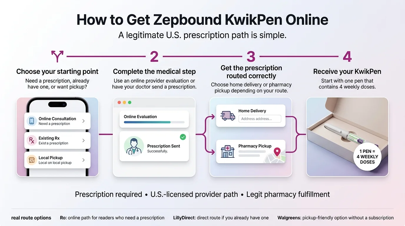 How to Get Zepbound KwikPen Online — 4-step process infographic: Step 1 Choose your starting point (online consultation, existing Rx, or local pickup). Step 2 Complete the medical step via online evaluation or have your doctor send a prescription. Step 3 Get the prescription routed correctly — home delivery or pharmacy pickup. Step 4 Receive your KwikPen (1 pen = 4 weekly doses). Real route options: Ro for online path, LillyDirect if you already have one, Walgreens for pickup. Prescription required. U.S.-licensed provider path. Legit pharmacy fulfillment.
