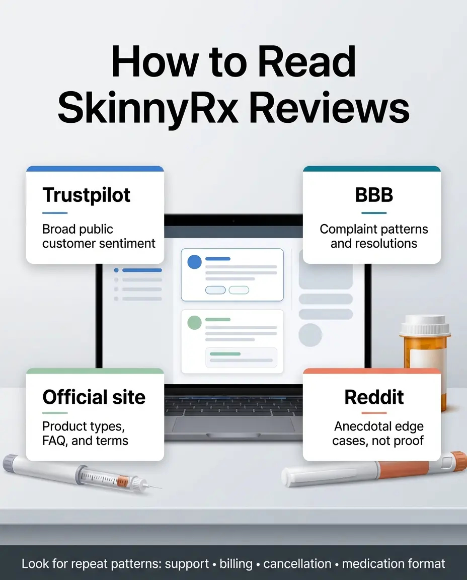 How to read SkinnyRx reviews: Trustpilot provides broad public customer sentiment, BBB shows complaint patterns and resolutions, official site provides product types and FAQ and terms, Reddit provides anecdotal edge cases (not proof). Look for repeat patterns: support, billing, cancellation, medication format.