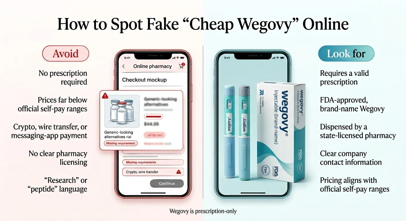 How to Spot Fake Cheap Wegovy Online. Avoid side — red phone showing a fake online pharmacy checkout with generic-looking alternatives at $44.99, missing requirements, and crypto wire transfer payment. Warning signs: No prescription required. Prices far below official self-pay ranges. Crypto, wire transfer, or messaging-app payment. No clear pharmacy licensing. Research or peptide language. Look for side — legitimate Wegovy pen and box showing FDA-approved brand-name product. Green indicators: Requires a valid prescription. FDA-approved, brand-name Wegovy. Dispensed by a state-licensed pharmacy. Clear company contact information. Pricing aligns with official self-pay ranges. Note: Wegovy is prescription-only.