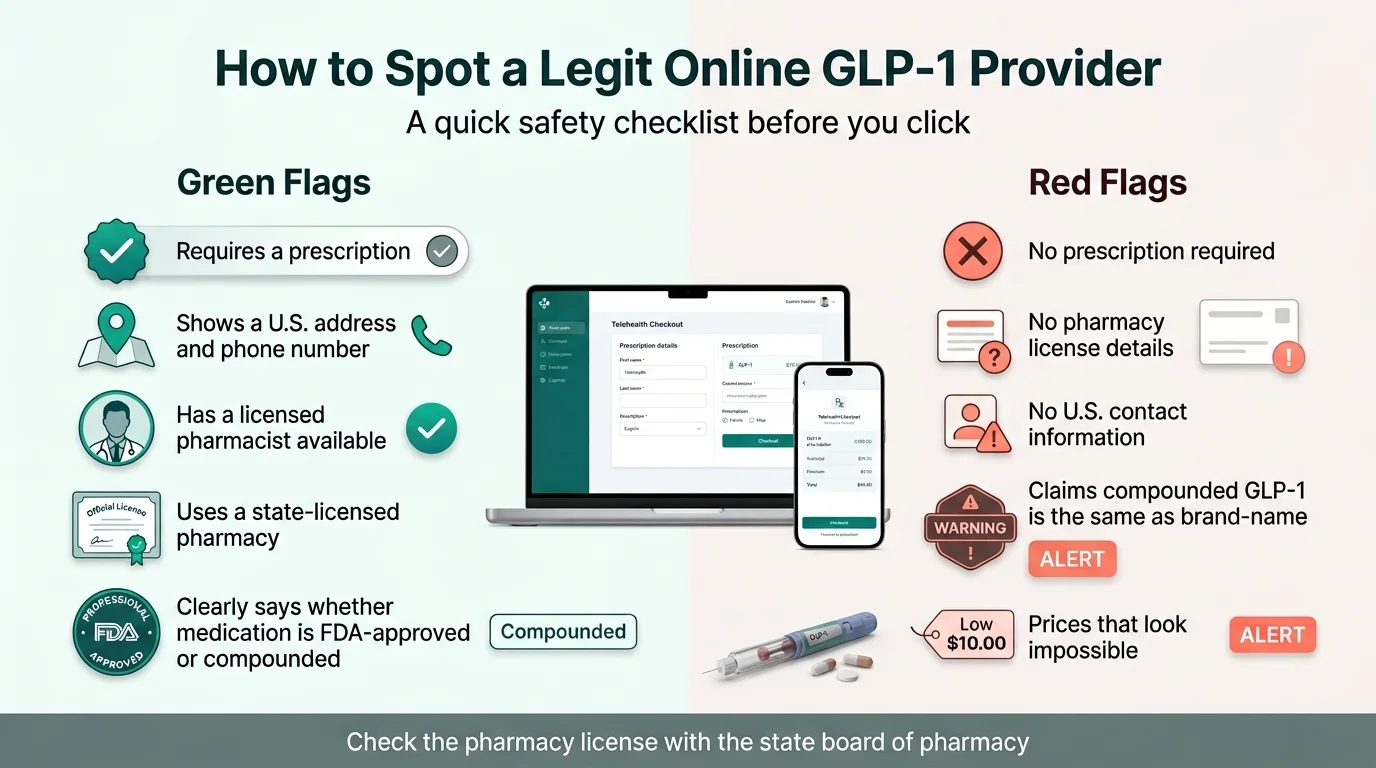 How to spot a legit online GLP-1 provider — green flags include requires a prescription, shows a U.S. address and phone number, has a licensed pharmacist, uses a state-licensed pharmacy, and clearly says whether medication is FDA-approved or compounded. Red flags include no prescription required, no pharmacy license details, no U.S. contact, claims compounded GLP-1 is the same as brand-name, and prices that look impossible.