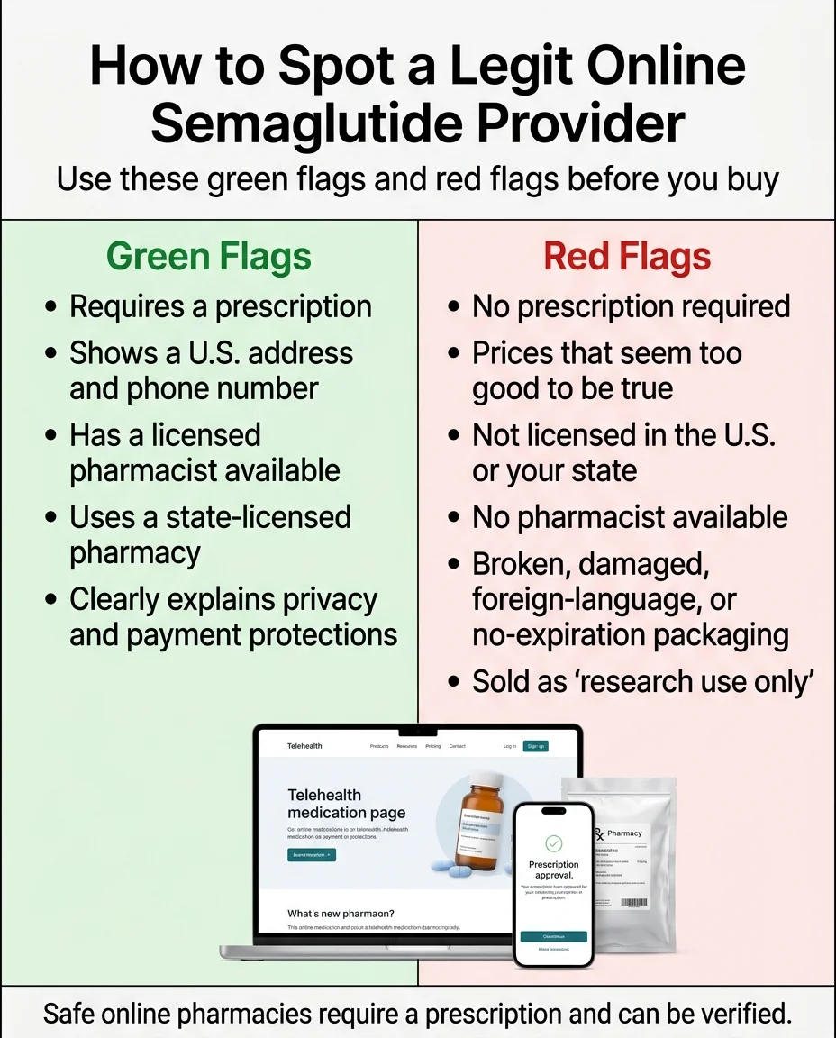 How to spot a legit online semaglutide provider — green flags include: requires prescription, licensed pharmacist, state-licensed pharmacy, verifiable reviews. Red flags include: no prescription required, research use only, no U.S. address, foreign packaging
