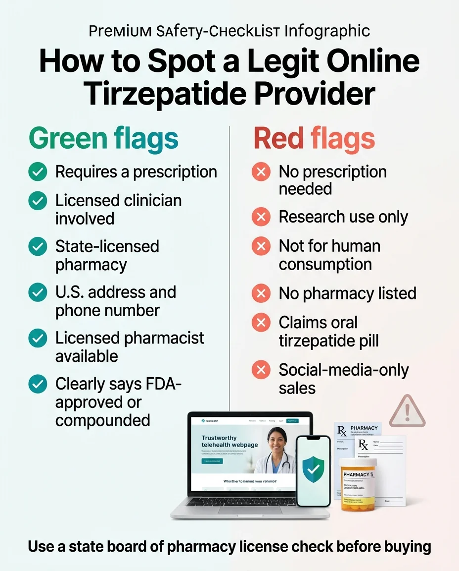 How to spot a legit online tirzepatide provider — green flags include prescription required, licensed clinician, state-licensed pharmacy; red flags include no prescription needed, research use only, claims oral tirzepatide pill