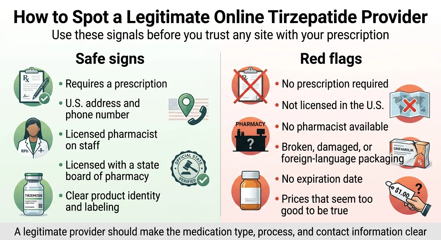 How to spot a legitimate online tirzepatide provider — safe signs include requiring a prescription, U.S. address, licensed pharmacist on staff, and clear product labeling versus red flags like no prescription required, not U.S. licensed, and prices that seem too good to be true