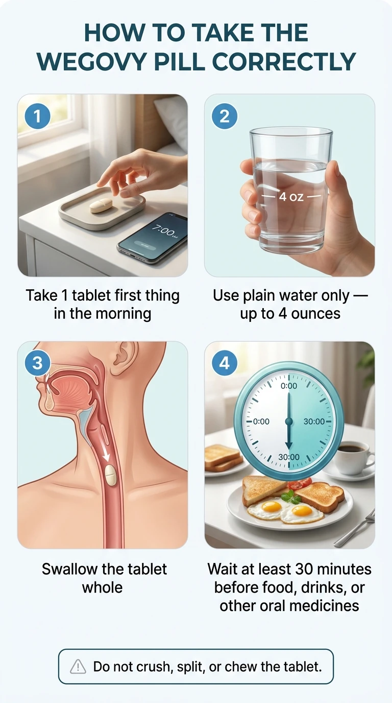 How to take the Wegovy pill correctly: Step 1 take 1 tablet first thing in the morning, Step 2 use plain water only up to 4 ounces, Step 3 swallow the tablet whole, Step 4 wait at least 30 minutes before food, drinks, or other oral medicines. Do not crush, split, or chew the tablet.