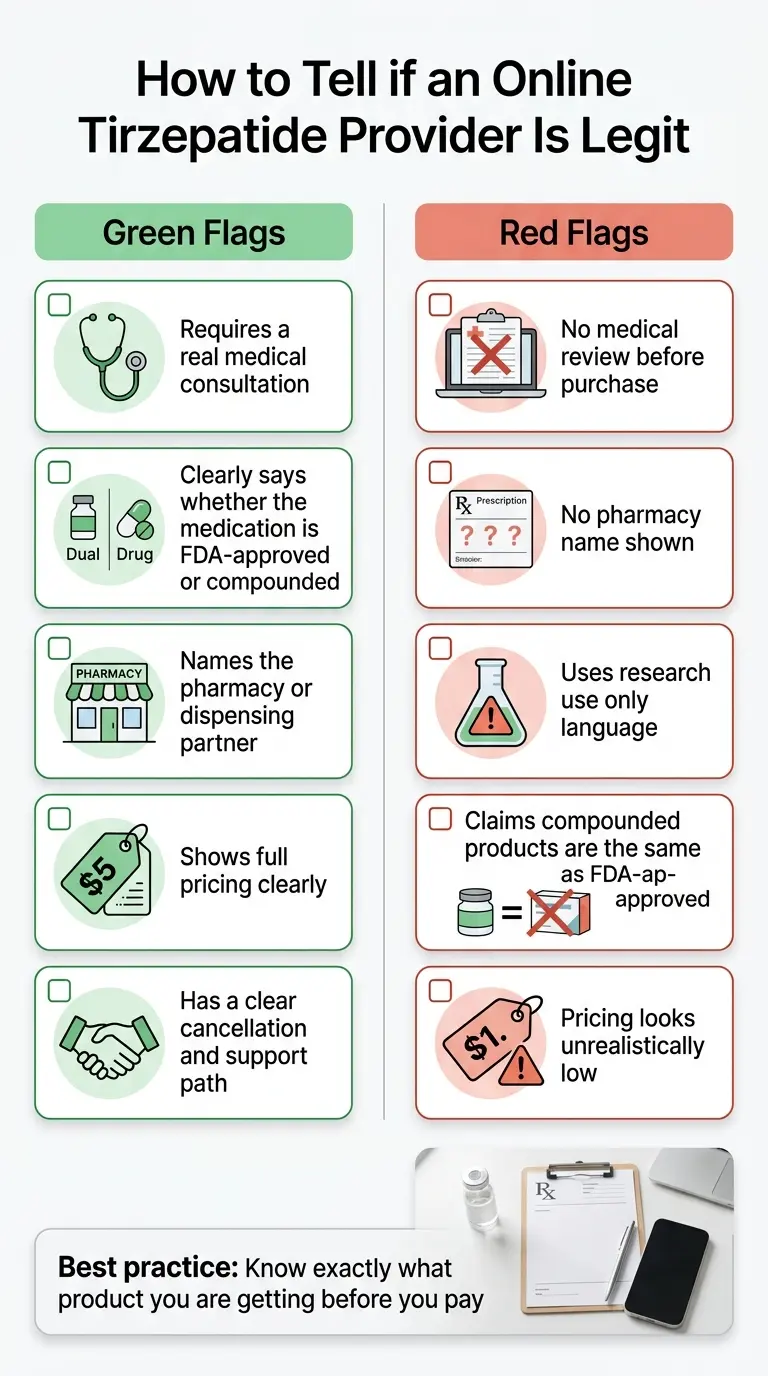 How to tell if an online tirzepatide provider is legit: green flags include requires a real medical consultation, clearly states FDA-approved or compounded, names the pharmacy, shows full pricing, and has a clear cancellation policy. Red flags include no medical review before purchase, no pharmacy name shown, uses research-use-only language, claims compounded products are the same as FDA-approved, and pricing looks unrealistically low.