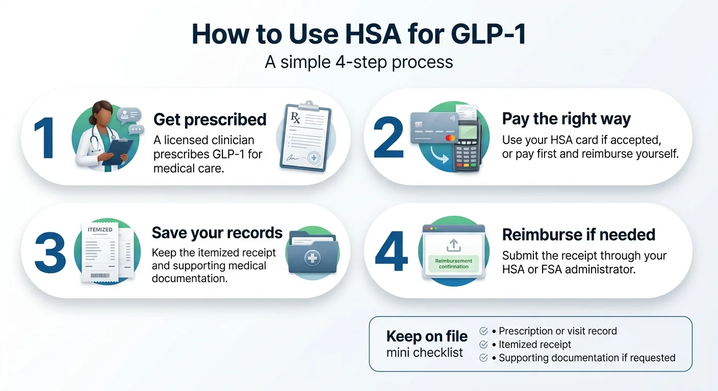How to use HSA for GLP-1 in 4 steps: get prescribed, pay the right way, save your records, reimburse if needed