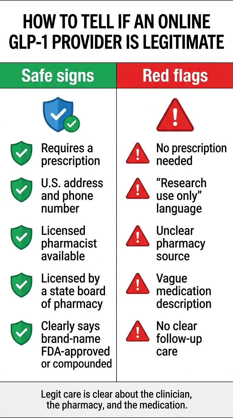 How to tell if an online GLP-1 provider is legitimate: safe signs include requiring a prescription, U.S. address and phone number, licensed pharmacist, state board licensing, and clearly stating FDA-approved or compounded; red flags include no prescription needed, research use only language, unclear pharmacy source, vague medication description, and no follow-up care