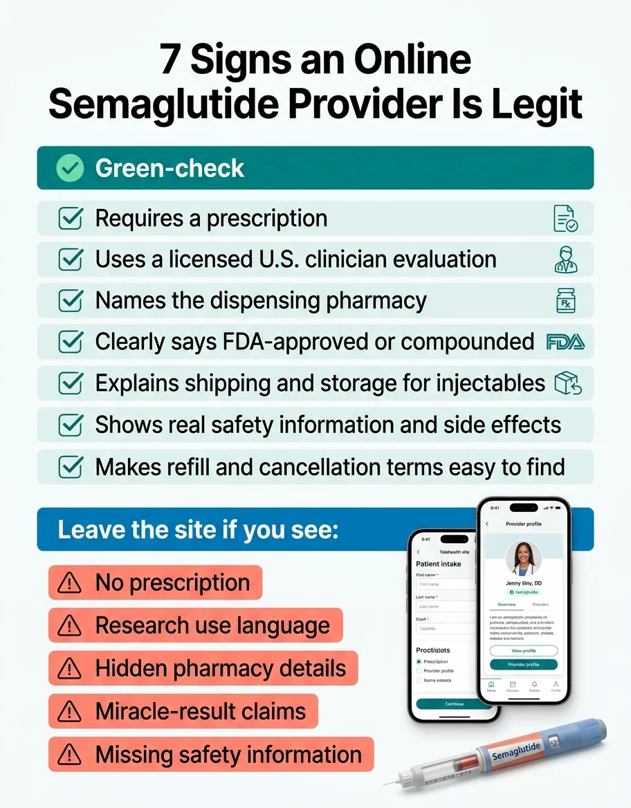 7 signs an online semaglutide provider is legit — requires a prescription, uses a licensed U.S. clinician evaluation, names the dispensing pharmacy, clearly says FDA-approved or compounded, explains shipping and storage for injectables, shows real safety information and side effects, and makes refill and cancellation terms easy to find. Red flags to leave: no prescription, research use language, hidden pharmacy details, miracle-result claims, missing safety information