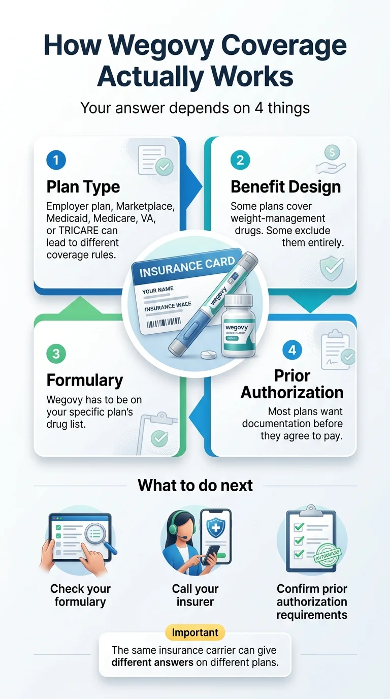 How Wegovy coverage actually works: your answer depends on 4 things — plan type (employer, Marketplace, Medicaid, Medicare, VA, or TRICARE), benefit design (some plans cover weight-management drugs, some exclude them entirely), formulary (Wegovy must be on your specific plan's drug list), and prior authorization (most plans want documentation before they agree to pay)