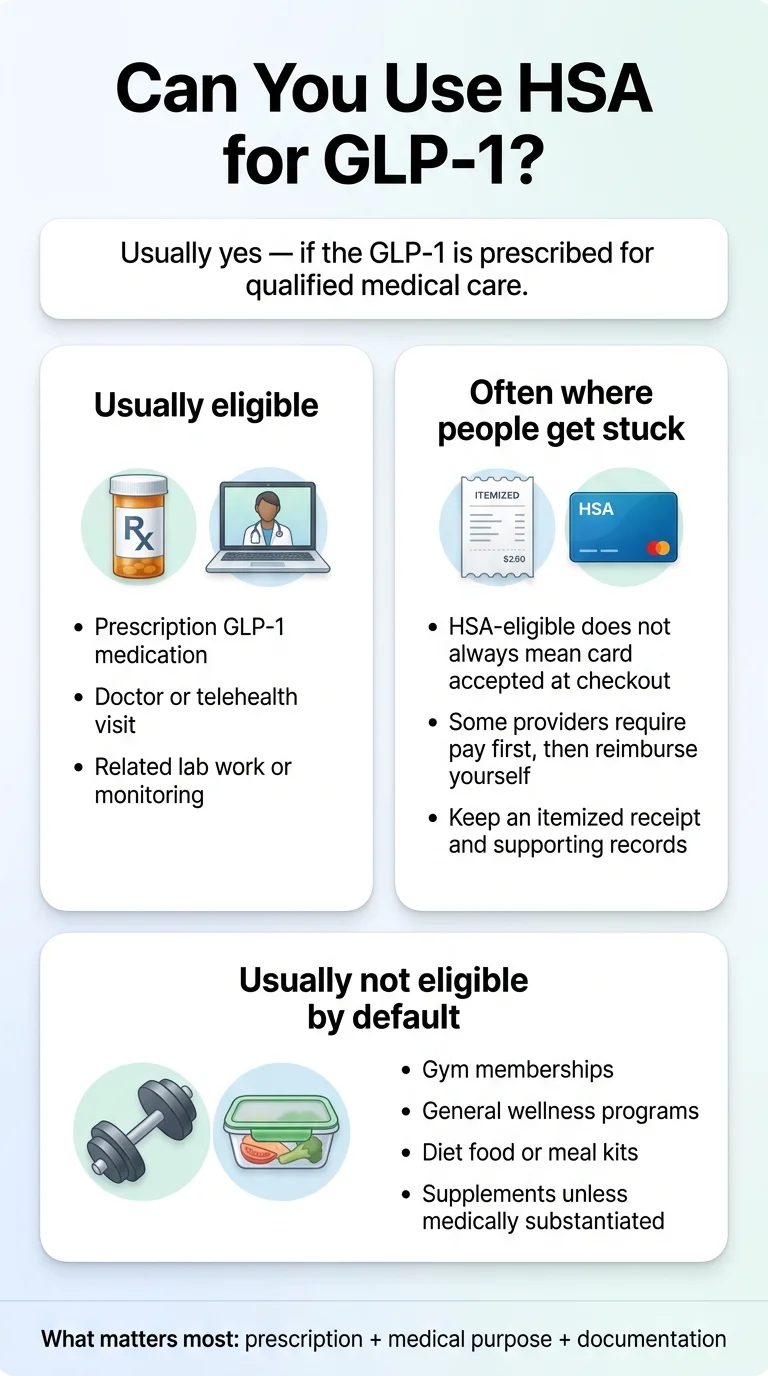 HSA for GLP-1 eligibility summary: prescription GLP-1 medications and telehealth visits usually qualify; gym memberships and supplements usually do not