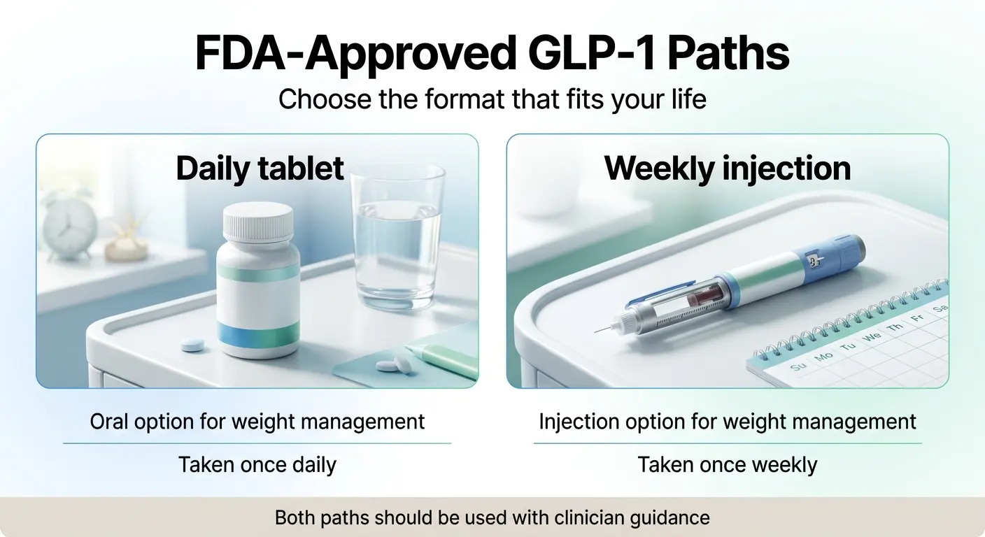 FDA-approved GLP-1 paths in 2026: daily tablet (oral option taken once daily) vs. weekly injection (taken once weekly). Both should be used with clinician guidance.