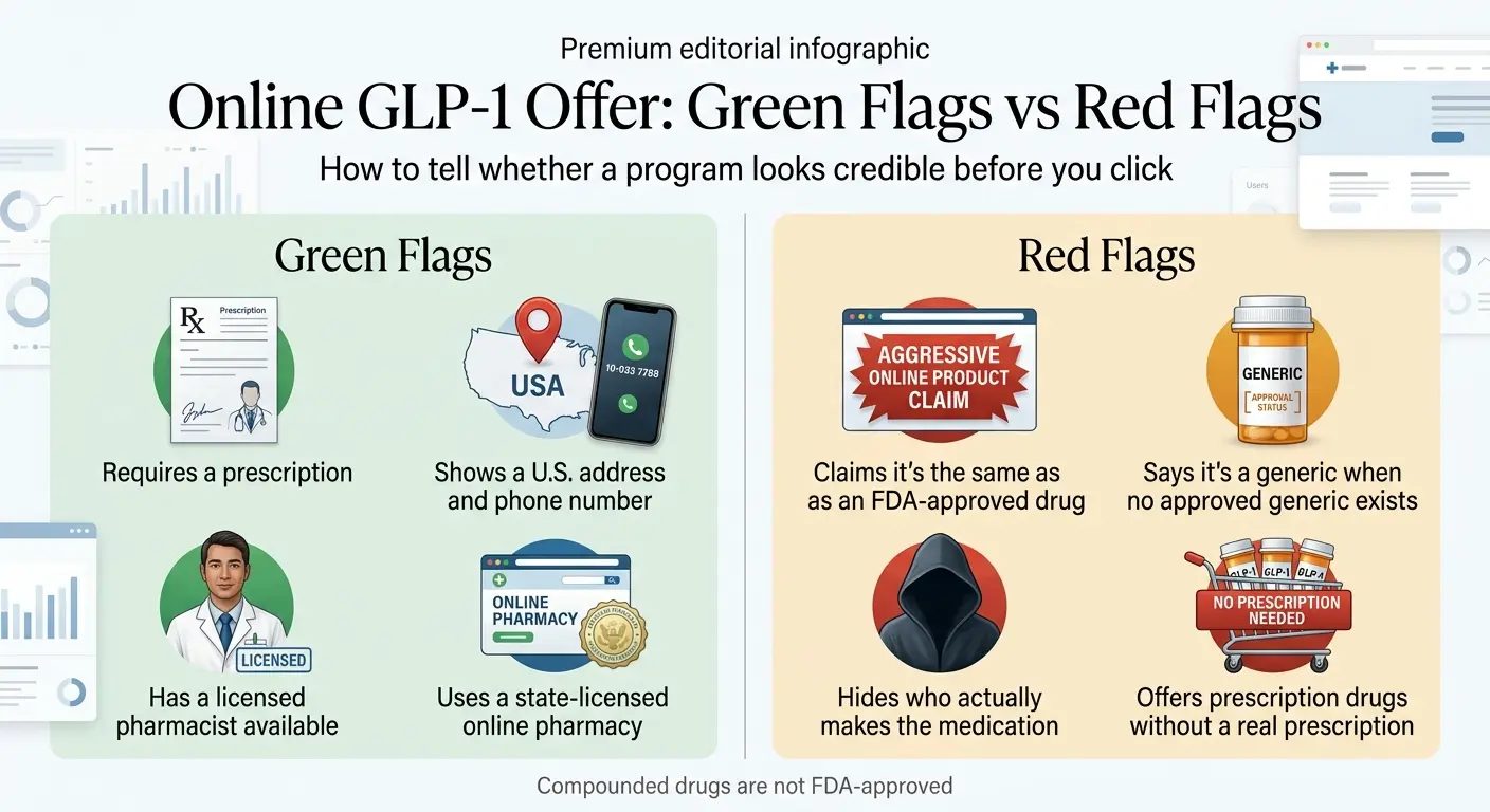 Online GLP-1 offer green flags vs red flags: legitimate programs require prescriptions, show a U.S. address, and use a state-licensed pharmacy; red flags include aggressive product claims, hiding who makes the medication, and offering drugs without a prescription.