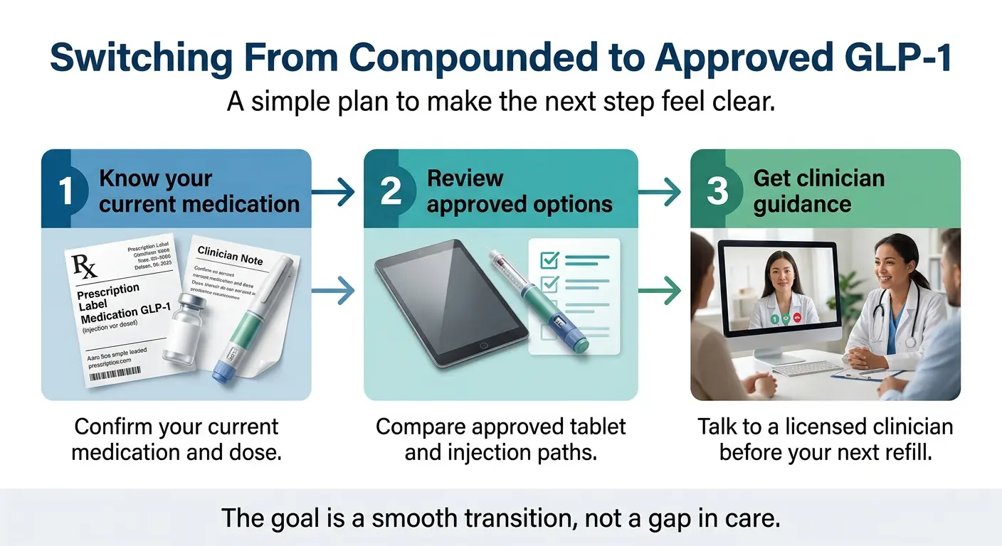 Switching from compounded to approved GLP-1: Step 1 — confirm your current medication and dose. Step 2 — compare approved tablet and injection paths. Step 3 — talk to a licensed clinician before your next refill. The goal is a smooth transition, not a gap in care.