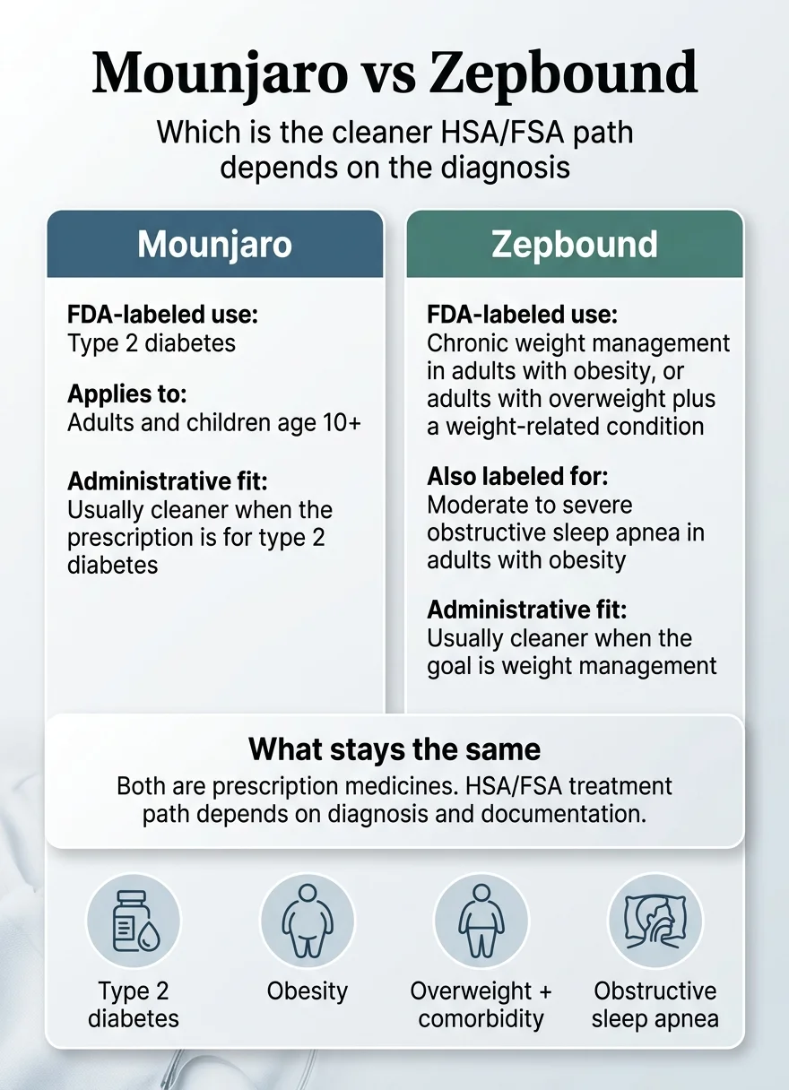 Mounjaro vs Zepbound comparison: Mounjaro FDA-labeled for type 2 diabetes (adults + children 10+), administratively cleaner for diabetes prescriptions. Zepbound FDA-labeled for chronic weight management in adults with obesity and moderate-to-severe OSA. Both are prescription medicines and both have the same HSA/FSA eligibility path.