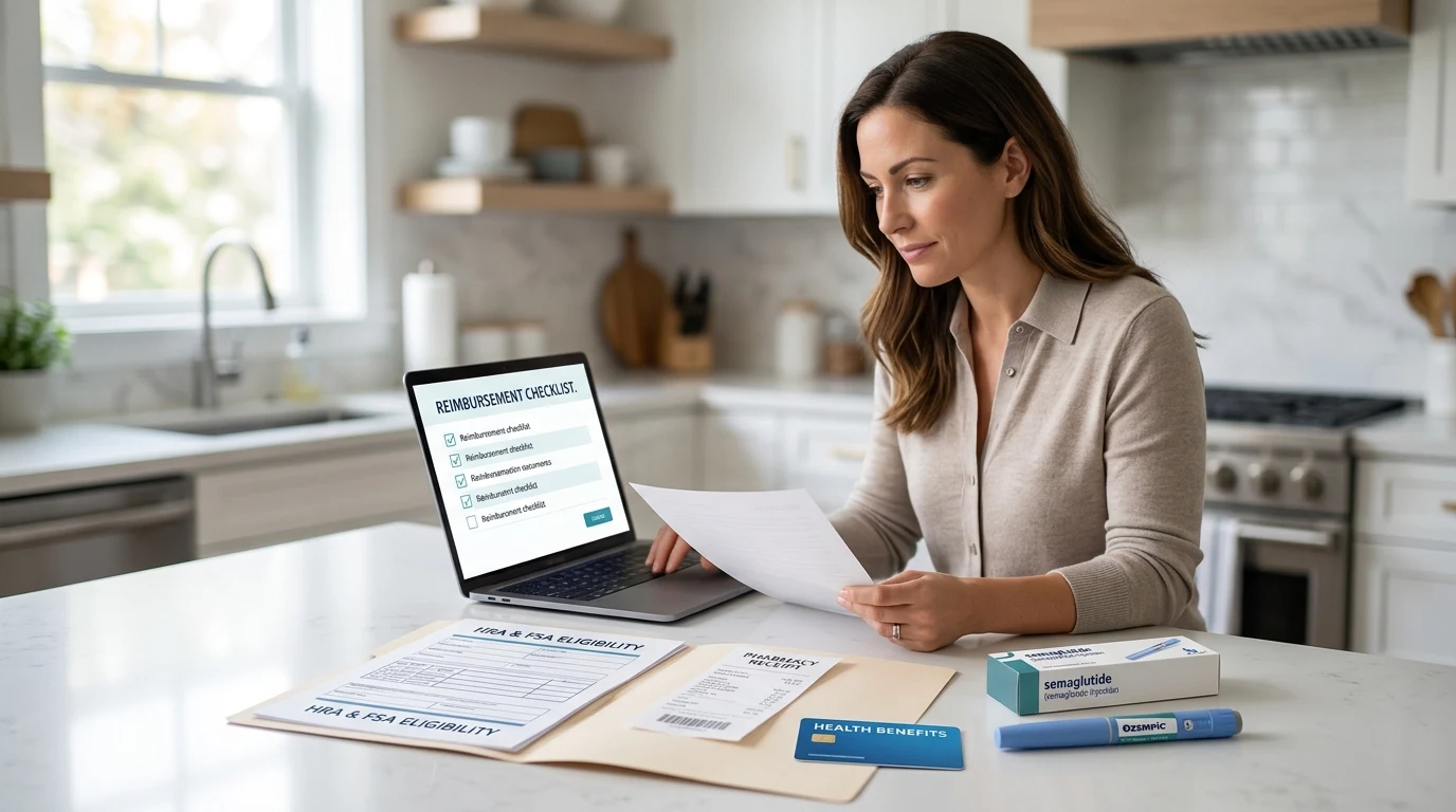 A person at a kitchen counter with a laptop showing a reimbursement checklist, papers including HRA and FSA eligibility documents, a pharmacy receipt, and semaglutide medication boxes. Gathering documentation for a Wegovy HRA reimbursement claim.