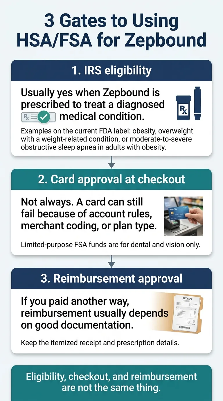 3 Gates to Using HSA/FSA for Zepbound: Gate 1 — IRS eligibility (usually yes when prescribed for a diagnosed condition); Gate 2 — card approval at checkout (not always, due to merchant coding or plan type); Gate 3 — reimbursement approval (usually depends on good documentation).