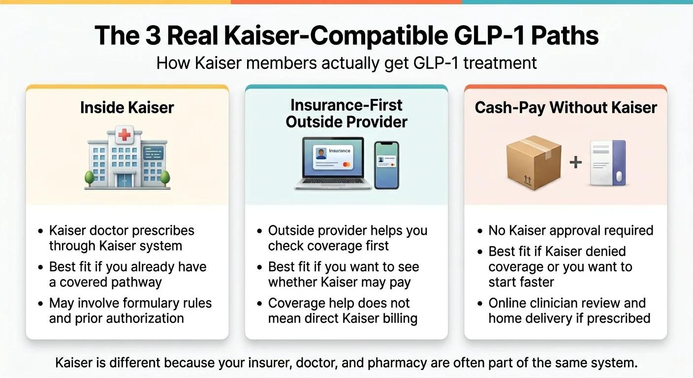 The 3 real Kaiser-compatible GLP-1 paths: Path 1 Inside Kaiser — Kaiser doctor prescribes through Kaiser system, best if you have a covered pathway, may involve formulary rules and prior authorization. Path 2 Insurance-First Outside Provider — outside provider helps you check coverage first, coverage help does not mean direct Kaiser billing. Path 3 Cash-Pay Without Kaiser — no Kaiser approval required, online clinician review and home delivery if prescribed.