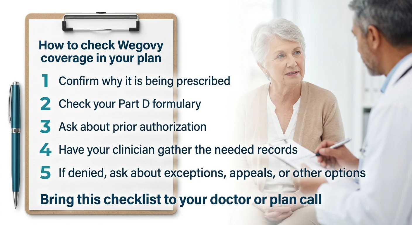 How to check Wegovy coverage in your plan checklist: 1. Confirm why it is being prescribed, 2. Check your Part D formulary, 3. Ask about prior authorization, 4. Have your clinician gather the needed records, 5. If denied, ask about exceptions, appeals, or other options — Bring this checklist to your doctor or plan call