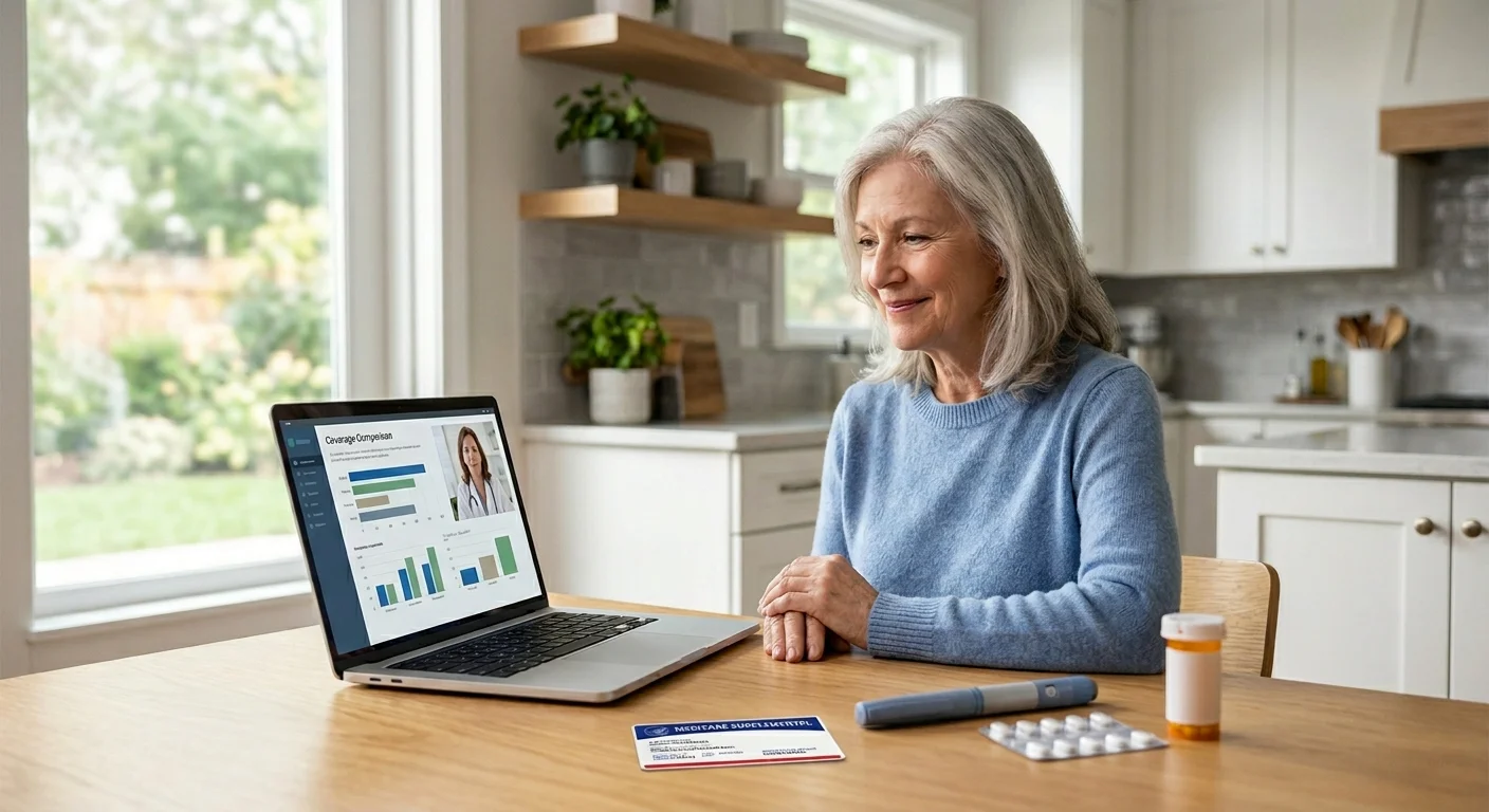Senior woman sitting at kitchen table with laptop showing Medicare coverage comparison, GLP-1 injection pen, Medicare supplement card, and prescription pill bottle