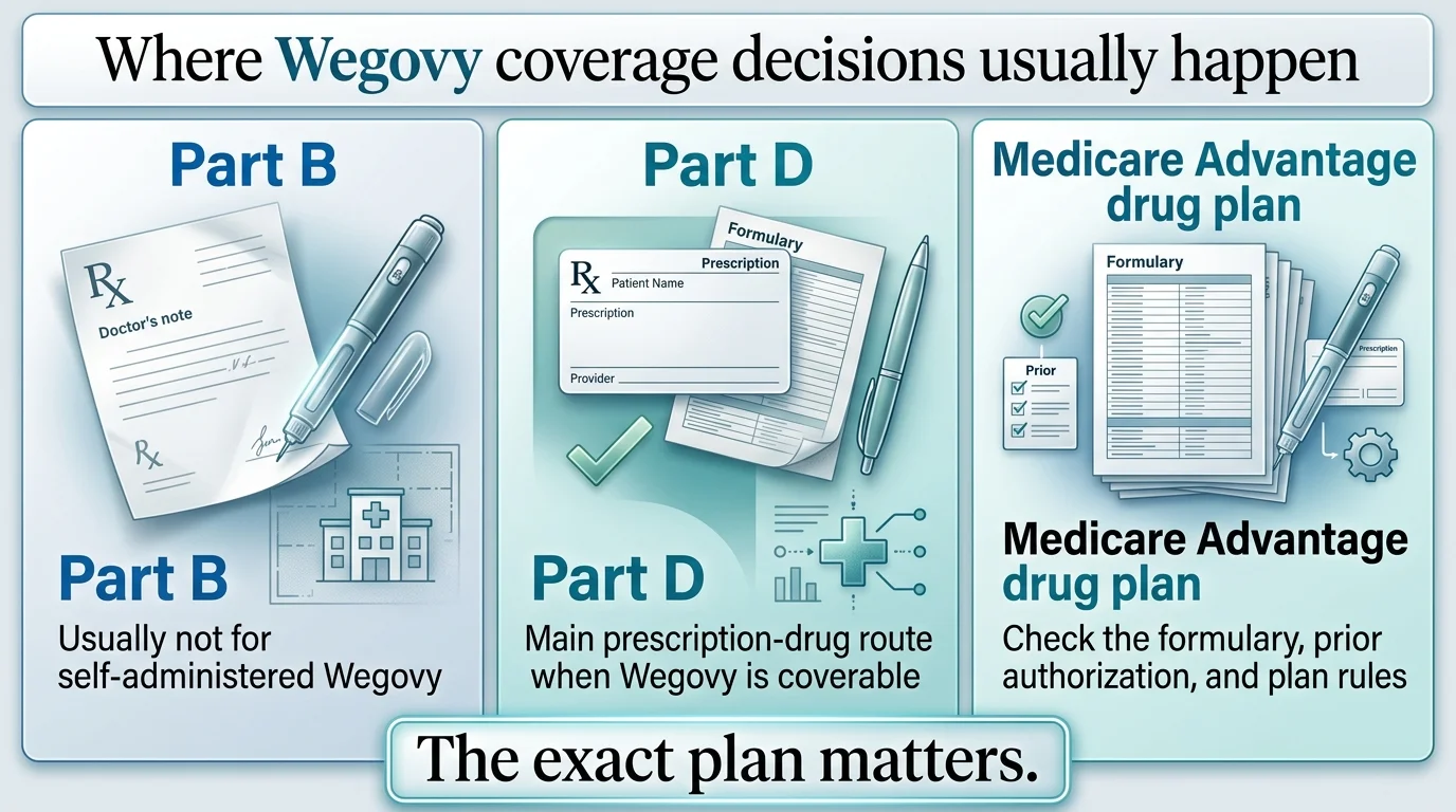Where Wegovy coverage decisions happen — Part B usually not for self-administered Wegovy; Part D is the main prescription-drug route when Wegovy is coverable; Medicare Advantage drug plan requires checking formulary, prior authorization, and plan rules