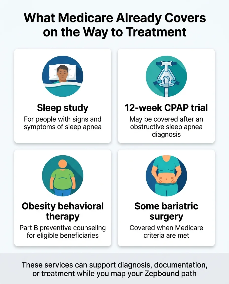 What Medicare already covers on the way to treatment: sleep study for people with signs of sleep apnea; 12-week CPAP trial may be covered after obstructive sleep apnea diagnosis; obesity behavioral therapy — Part B preventive counseling for eligible beneficiaries; some bariatric surgery covered when Medicare criteria are met — these services can support diagnosis, documentation, or treatment while you map your Zepbound path