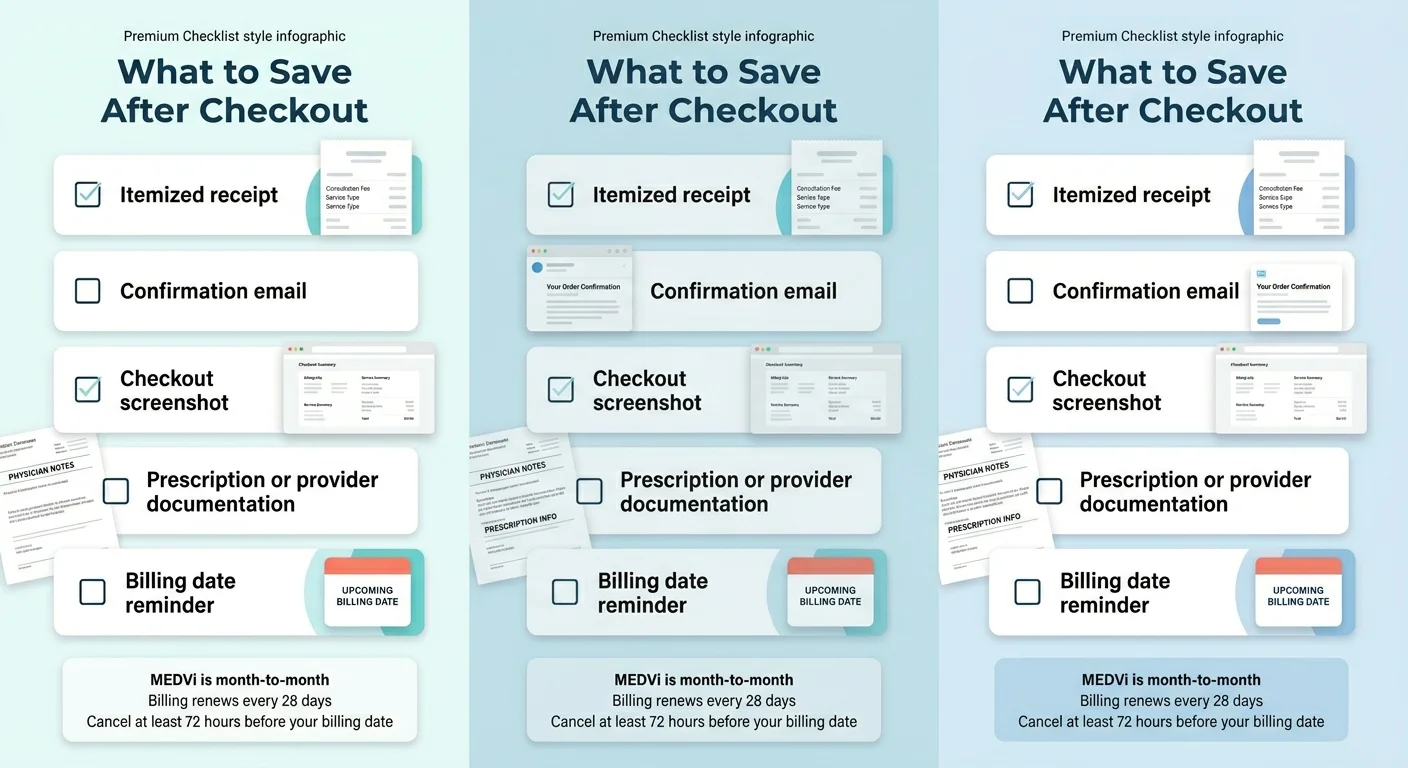 Checklist of what to save after MEDVi checkout for HSA records: itemized receipt, confirmation email, checkout screenshot, prescription documentation, billing date reminder — MEDVi renews every 28 days