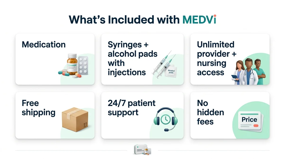 What's included with MEDVi GLP-1 program: medication, syringes and alcohol pads with injections, unlimited provider and nursing access, free shipping, 24/7 patient support, and no hidden fees