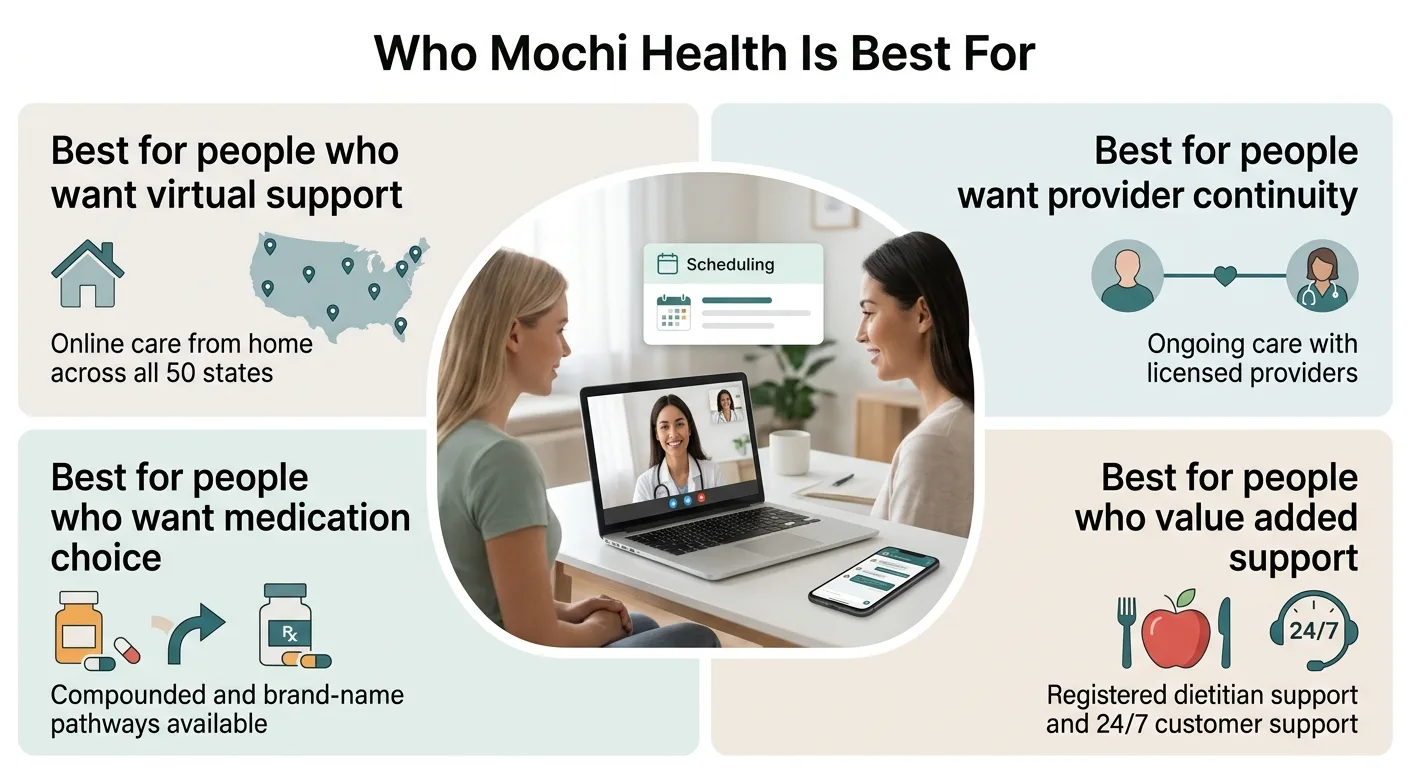 Who Mochi Health is best for: people who want virtual support with online care across all 50 states, people who want provider continuity with ongoing licensed provider relationships, people who want medication choice including both compounded and brand-name pathways, and people who value added support including registered dietitian access and 24/7 customer support