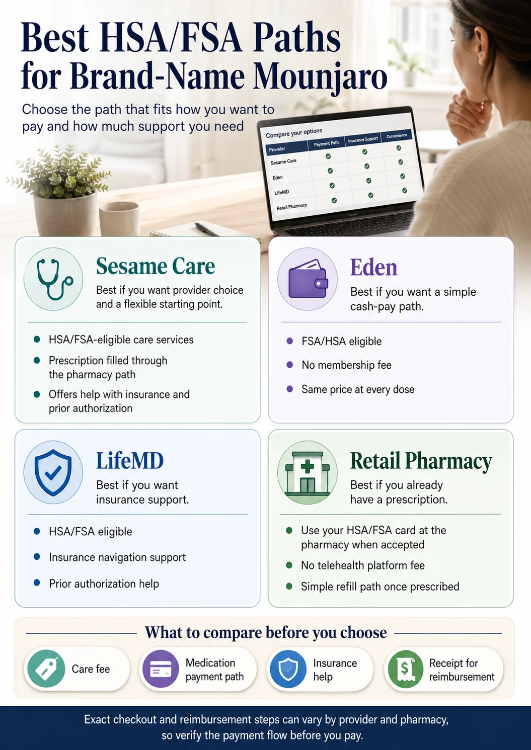 Best HSA/FSA paths for brand-name Mounjaro — comparing Sesame Care, Eden, LifeMD, and retail pharmacy by payment path, insurance support, and convenience