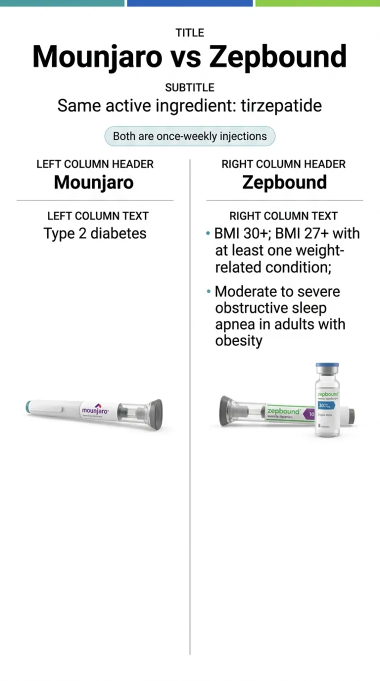 Mounjaro vs Zepbound comparison: both are once-weekly tirzepatide injections. Mounjaro is approved for type 2 diabetes while Zepbound is approved for weight management (BMI 30+, or BMI 27+ with health condition) and moderate to severe obstructive sleep apnea