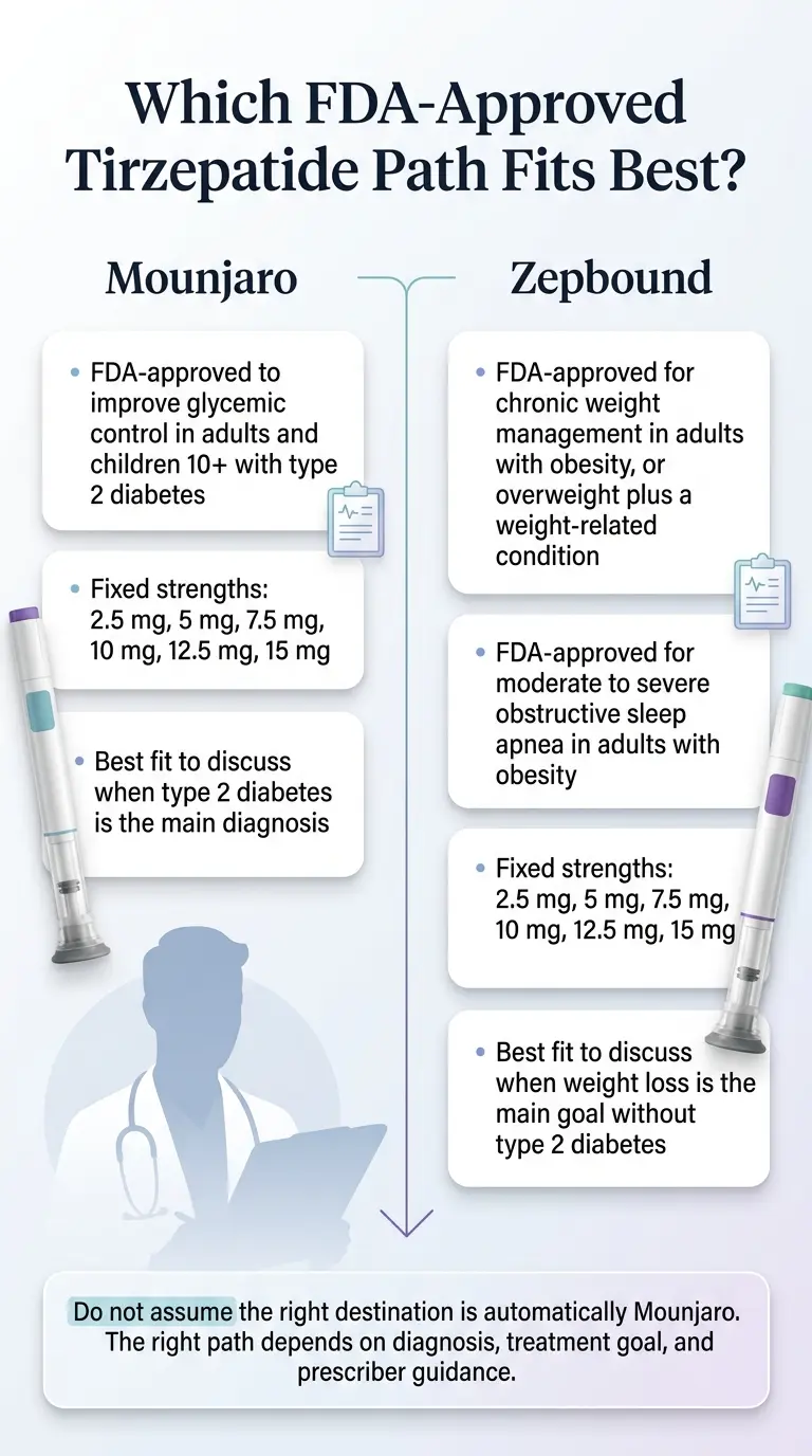 Which FDA-approved tirzepatide path fits best — Mounjaro for type 2 diabetes vs Zepbound for chronic weight management, with fixed dose strengths 2.5 mg through 15 mg for both.
