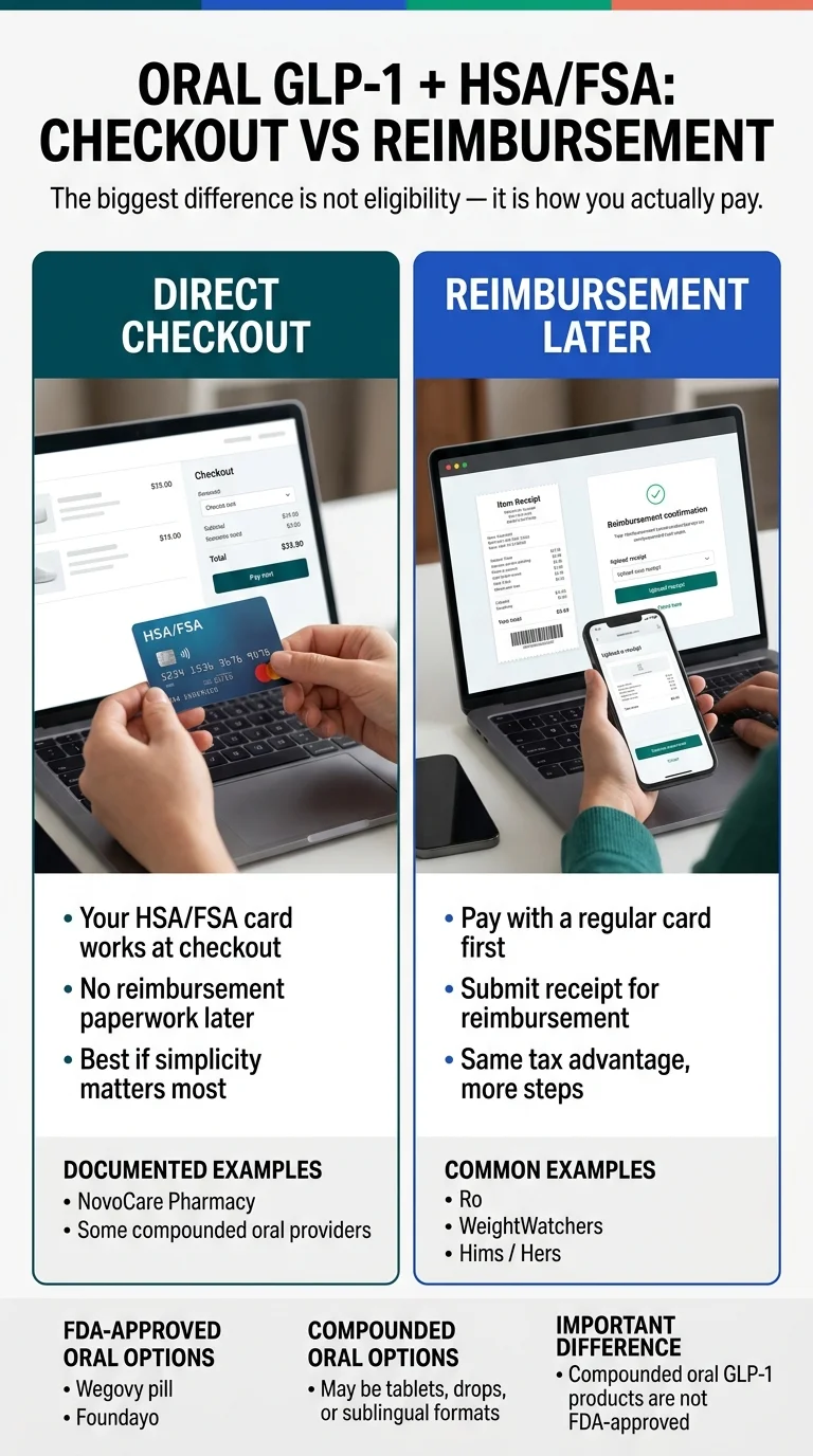 Oral GLP-1 + HSA/FSA: Direct checkout vs. reimbursement later. Direct checkout providers: NovoCare Pharmacy, some compounded oral providers. Reimbursement providers: Ro, WeightWatchers, Hims/Hers. FDA-approved oral options: Wegovy pill, Foundayo. Compounded options: tablets, drops, sublingual formats.