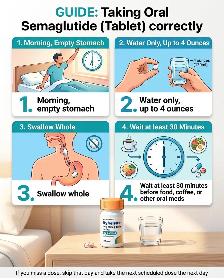 Guide to taking oral semaglutide tablet correctly — 4-step infographic: 1. Take on an empty stomach in the morning, 2. Water only up to 4 ounces, 3. Swallow whole without crushing or chewing, 4. Wait at least 30 minutes before food coffee or other medications