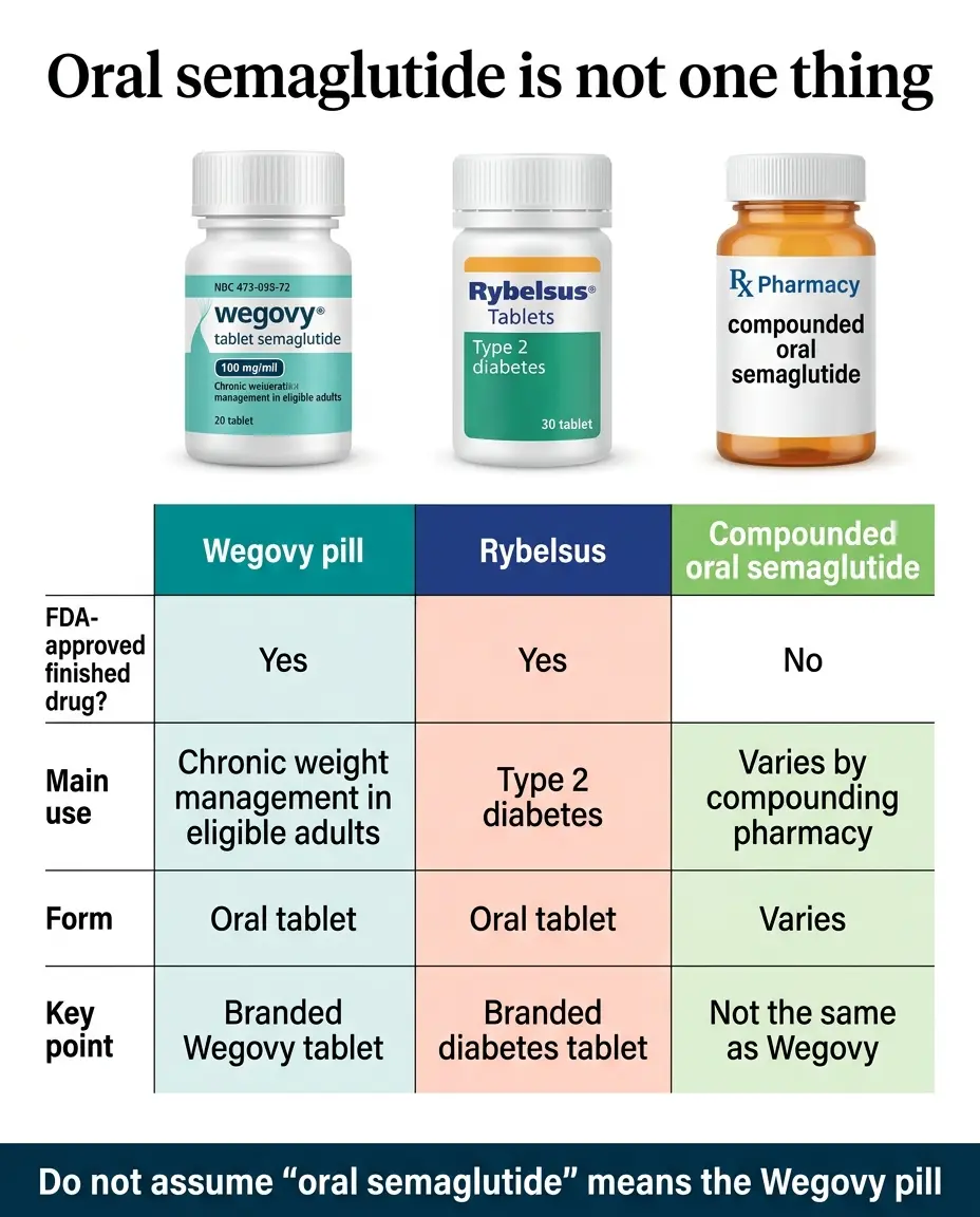 Oral semaglutide is not one thing — comparison infographic showing three distinct products: Wegovy pill for chronic weight management, Rybelsus for type 2 diabetes, and compounded oral semaglutide which is not FDA-approved as a finished drug